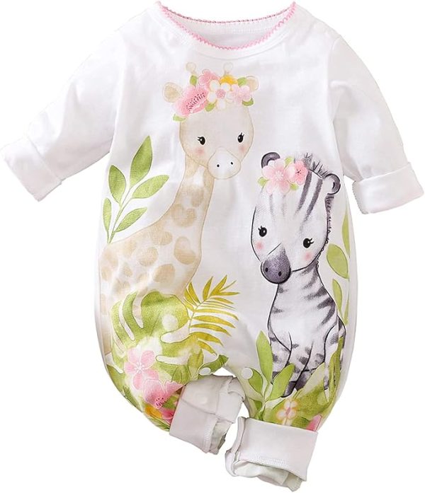 Cute Giraffe + Zebra With Floral Print Long Sleeve Baby Girl Clothes White Jumpsuit For Baby One-Piece Romper