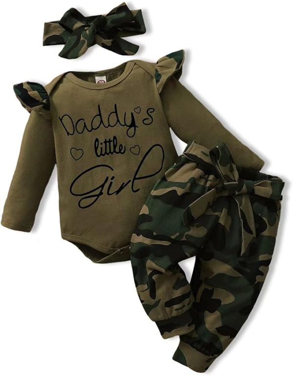 AMAWMW Baby Girl Clothes Set Daddys Little Girl Ruffle Romper Top Camouflage Pants Newborn Infant Baby Girl Outfit