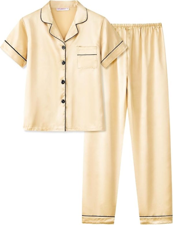 Cute Satin Pajamas for Big/Tween Girls Silk Button Down Short Sleeve & Pants PJS Clothes Nighty Size 8-16