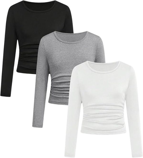 SOLY HUX Girl's 3 Piece T Shirt Crew Neck Long Sleeve Ruched Crop Tops Slim Fit Solid Basic Tee