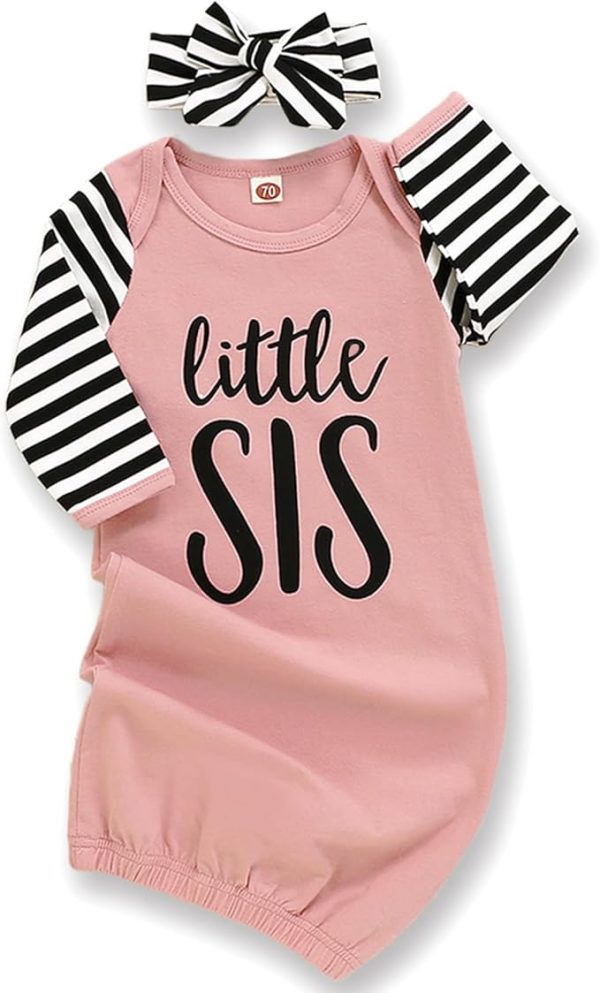 AMAWMW Newborn Baby Girl Little Sister Sleeper Gown Stripe Long Sleeve Nightgown Pajamas Gifts Stuff Essential Outfit