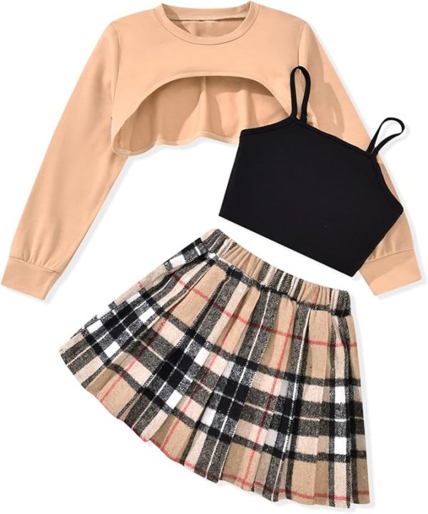 fioukiay Girls 3 Piece Outfit Skirt Sets Long Sleeve Sweatshirt and Plaid Pleated Skirt with Camisole Clothes Set