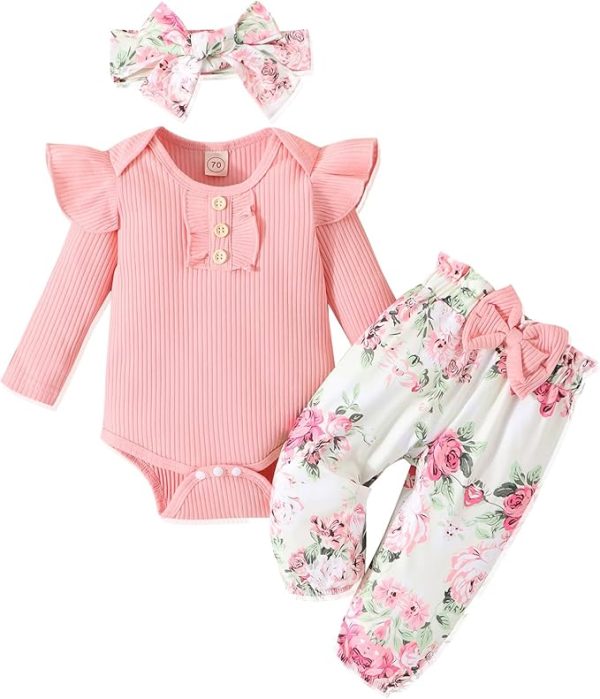 Baby Girl Clothes Newborn Infant Outfits Ruffle Romper+ Floral Pants + Cute Headband Sets for Girls