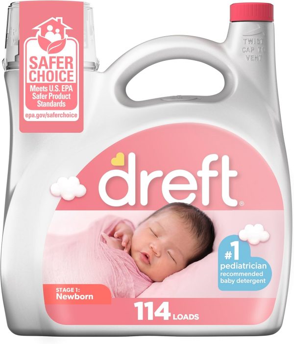 Dreft Stage 1 Newborn Baby Laundry Detergent Liquid, HE Compatible, 114 Loads, Laundry Soap for Sensitive Skin, Baby Laundry Detergent, Newborn Essentials