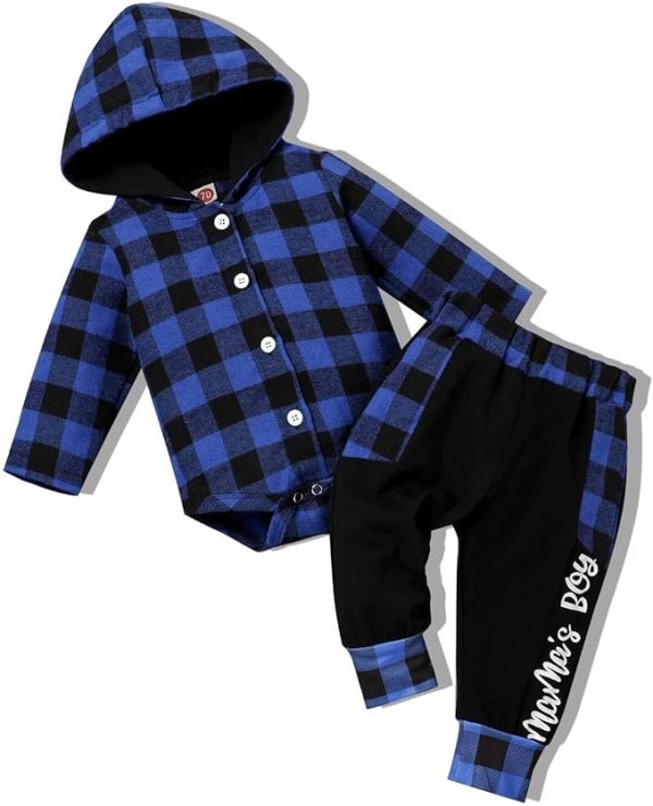 Fuermos Newborn Baby Boy Clothes Plaid Button Long Sleeve Hoodie Romper+ Mama's Boy Pants Fall Winter Outfits Set