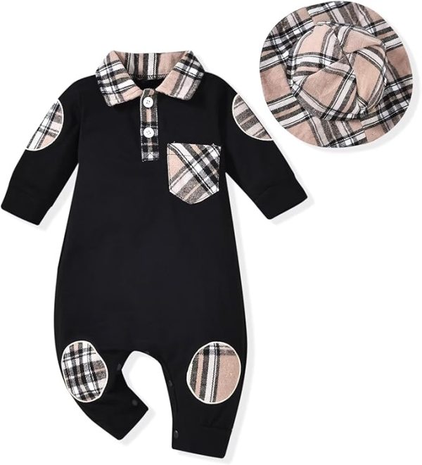 Unutiylo Newborn Baby Boy Romper – Plaid Polo Bodysuit Jumpsuit Fall Winter Outfits with Hat