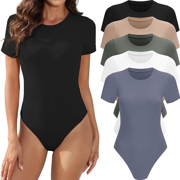 5 Pack Body Suits for Womens Short Sleeve Round Neck Casual Stretchy Basic T Shirt Bodysuit Tops