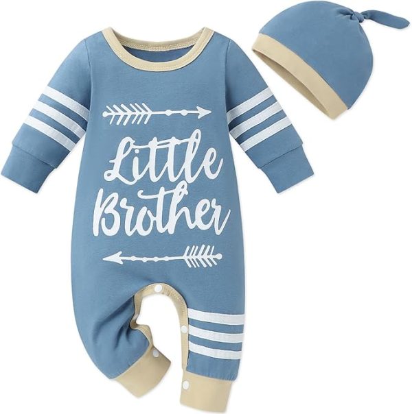 Crazyme Newborn Baby Boy Clothes Letter Print Romper Coming Home Outfit Boy Bodysuit with Hat 2PCS Baby Jumpsuit